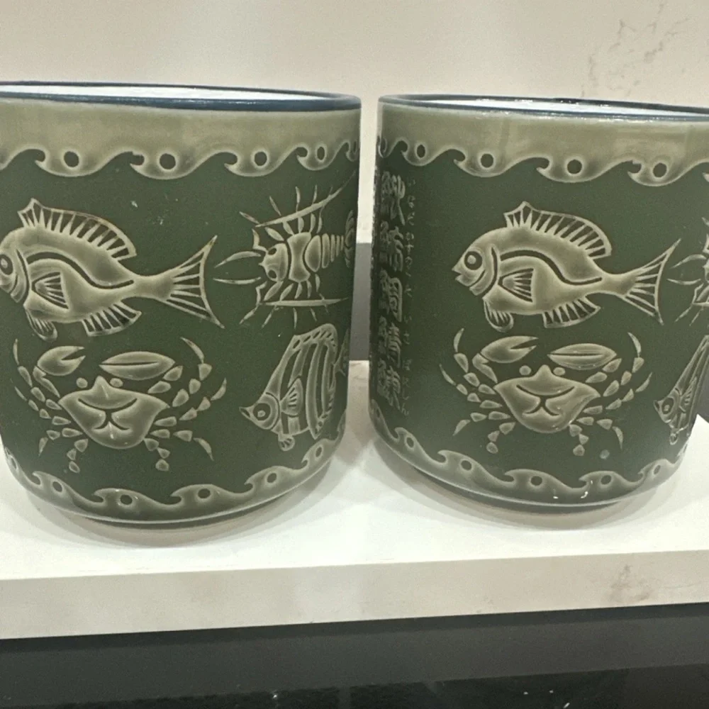 Green Planters 4.25” Tall 4” Diameter Fish Crab Lobster Squid Oriental